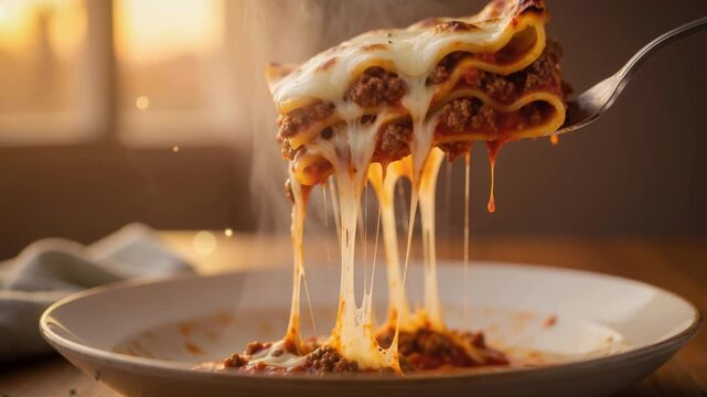 Steaming fork lifting a cheesy meaty lasagna slice with gooey melted mozzarella close up