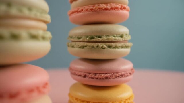 Macro push-in shot toward colorful macaron stack, shallow depth of field, luxury pastel studio backdrop