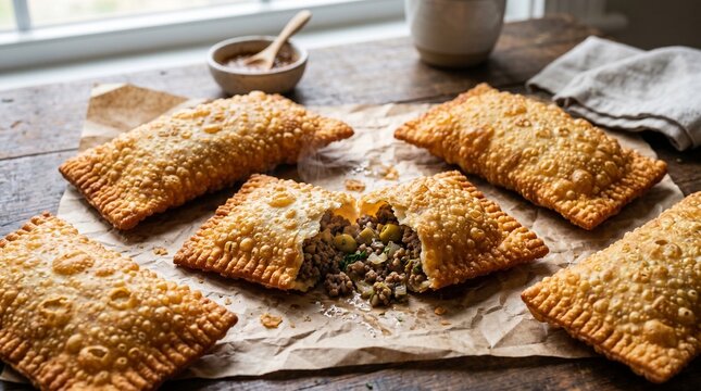 Traditional Brazilian Fried Pastel Turnovers on Paper