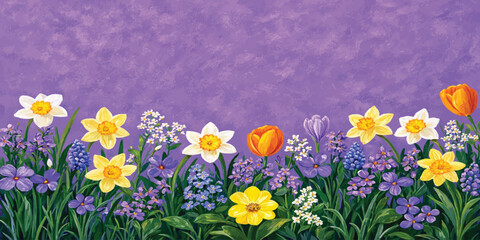 Spring garden flowers painted background with yellow daffodils and purple hyacinths daffodil hyacinth botanical blooming painting artistic background illustration colorful greenery greeting © KHADIZA