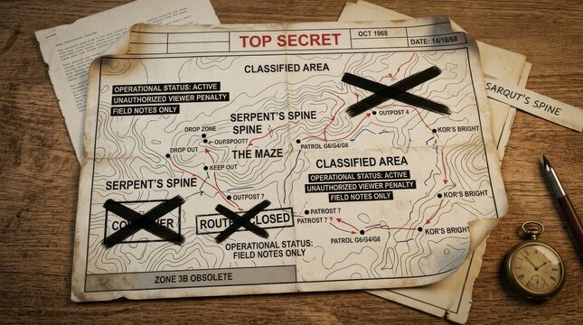 Top Secret Vintage Tactical Map With Redactions On Wooden Table