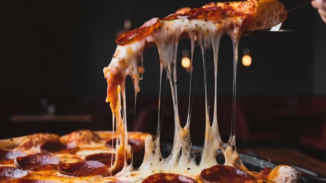 Close up of hand lifting hot cheesy pepperoni pizza slice with melted cheese strings