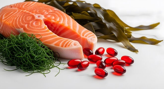 Raw salmon steak with seaweed and red astaxanthin supplement capsules on white background.