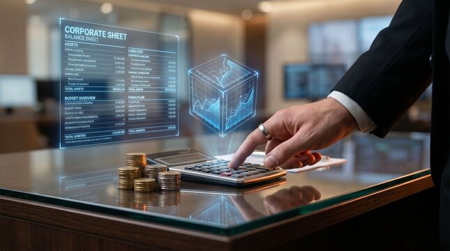 Businessman calculating with holographic financial balance sheet, HUD, and gold coins on desk