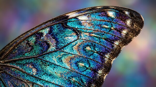 Extreme Close-up Macro Photography of Iridescent Blue Morpho Butterfly Wing with Intricate Vein Patterns and Vibrant Texture