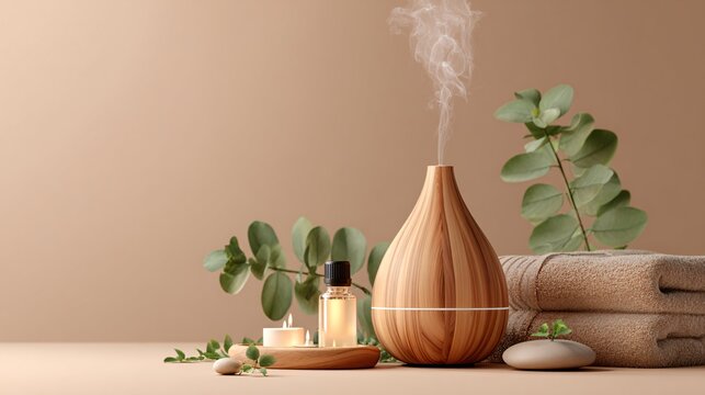 Aromatherapy diffuser emitting mist with eucalyptus and spa accessories in calm setting