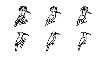 Hoopoe bird icon set outline style, white background, vector Illustration © Rubi