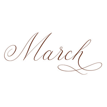 &ldquo;March&rdquo; in copperplate calligraphy with flourishing. Handwritten. Transparent background.