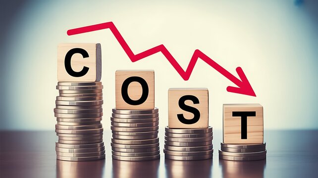 Financial growth concept with decreasing cost shown by coins and graph