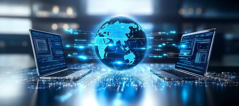 Digital earth globe hologram from laptop. Global internet network telecom and communication. Generative video AI technology.
