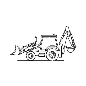 Single line drawing of a backhoe loader construction vehicle with front bucket and rear excavator arm