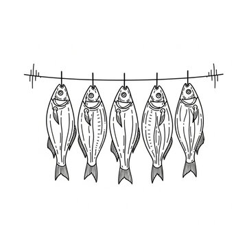 Five fish hang drying on a string line outdoors by the sea
