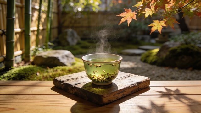 A Japanese teacup with genmaicha tea is placed on a wooden platform, placed in a serene environment