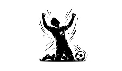 Obraz premium Soccer player kneeling goal celebration silhouette with football vector illustration
