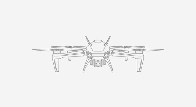 Technical line drawing of a quadcopter drone for aerial photography and surveillance