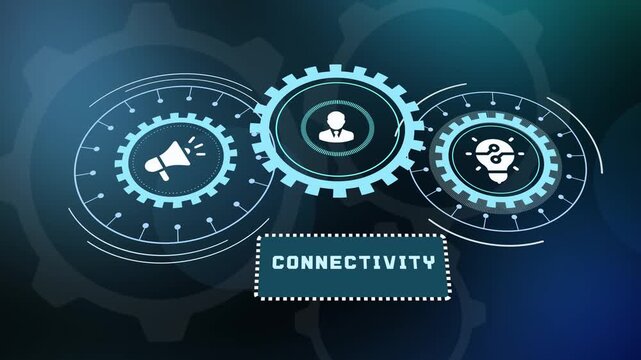 Futuristic network background with glowing cogs showing data connectivity and business system integration.