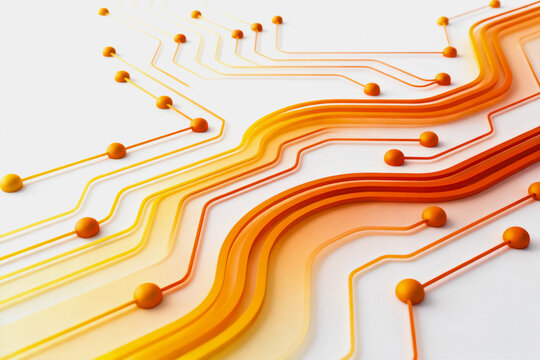 Stylized abstract electronic circuit design with colored traces and connection nodes on a white background.