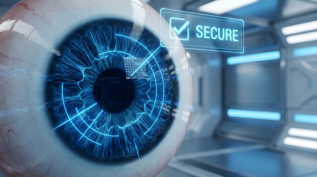 Biometric iris recognition technology scanning human eye for high security access control in futuristic laboratory.