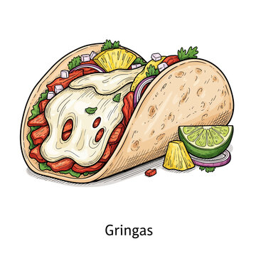 Delicious Gringas taco vector illustration featuring savory marinated meat, melted cheese, sweet pineapple, and fresh red onion in a warm tortilla, celebrating vibrant Mexican culinary tradition