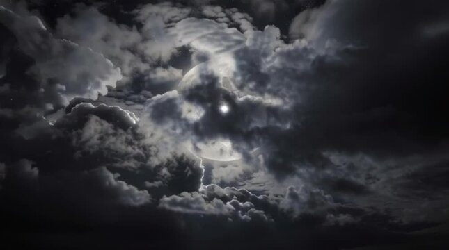 Full moon glowing brightly behind dark dramatic storm clouds in night sky