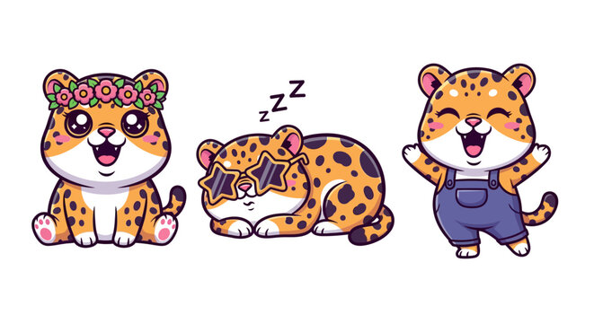 Playful cartoon leopard cubs in various poses.