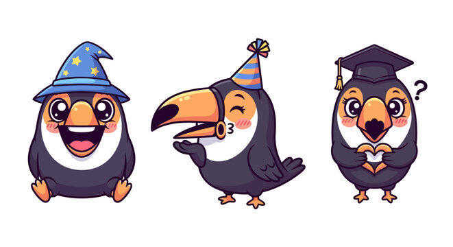 Three cartoon toucans wearing different hats and expressions.
