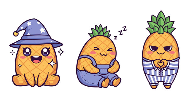 Cute Pineapple Characters in Fun Costumes and Poses.