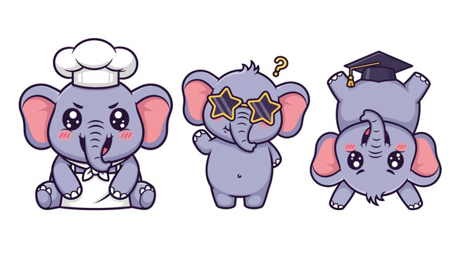Cartoon Elephants in Different Costumes and Poses.