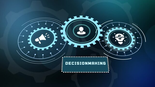 High-tech HUD display layout focused on data analysis and strategic corporate decision-making processes.