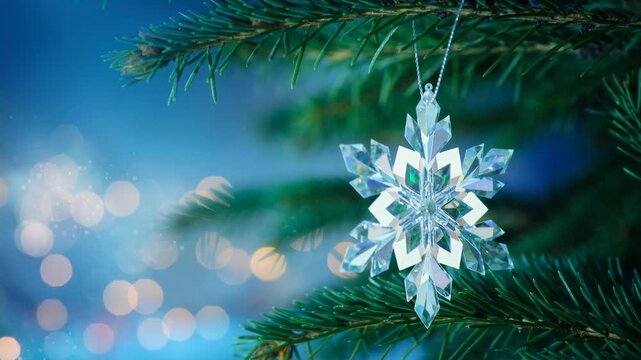 Sparkling crystal snowflake ornament swaying gently on lush pine branch with glowing festive lights
