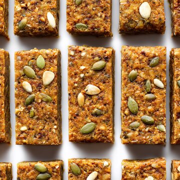  Golden granola bars with seeds oats and honey arranged in grid pattern perfect for healthy snack photography and food design
