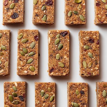  Golden granola bars with seeds oats and honey arranged in grid pattern perfect for healthy snack photography and food design