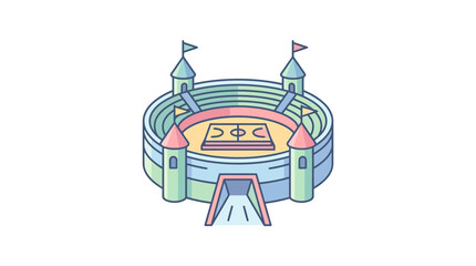 A colorful isometric illustration of a fantasy castle stadium with a basketball court. © Odette Anya