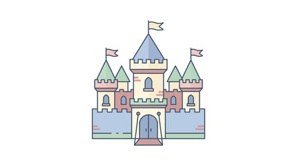 A colorful cartoon illustration of a medieval castle with towers and flags. © Odette Anya