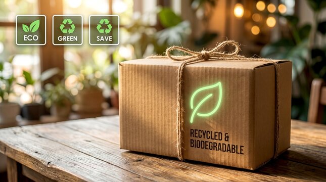 Eco-friendly, sustainable cardboard packaging box with green biodegradable recycling HUD icons