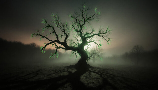 Gloomy Misty Landscape with Glowing Tree at Dusk
