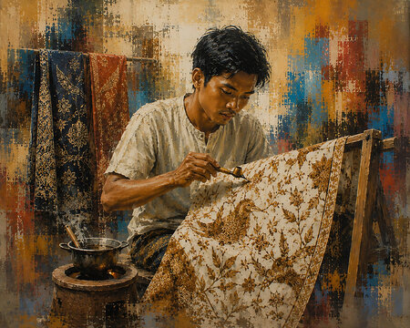 Contemporary painting on canvas with the theme of people doing batik