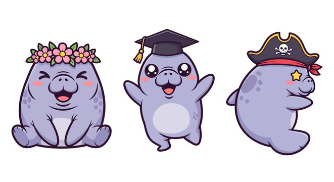 Cute Manatee Characters in Various Costumes and Outfits.