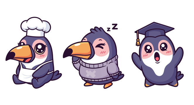 Cute cartoon penguins in different professions and activities.