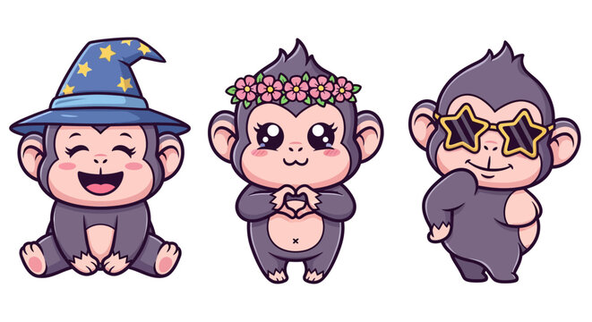 Three Cute Cartoon Monkeys in Costumes and Accessories.