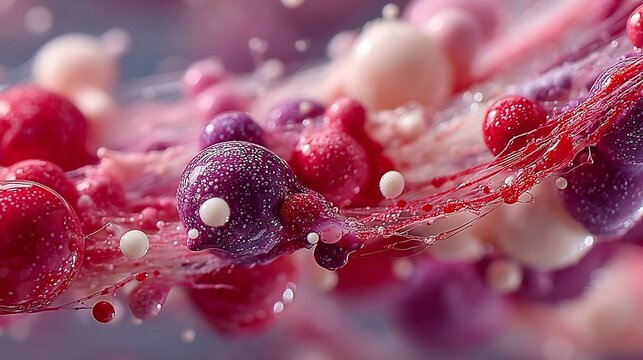 Abstract macro view of colorful viscous spheres connected by glossy filaments in pink and purple tones