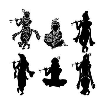 Lord Krishna Silhouette Set, 6 Poses with Flute, Vector Illustration`