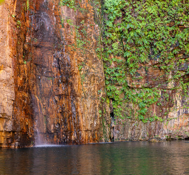 The waterfall and fern covered sandstone wall of Emma Gorge in the East Kimberely region of Western Austrtalia