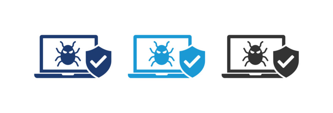 A set of three laptop icons representing computer security antivirus protection malware defense and bug detection in different color variations