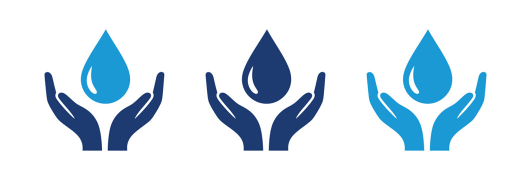 A set of three vector icons representing water conservation ecology and protection with cupped hands holding a blue water droplet