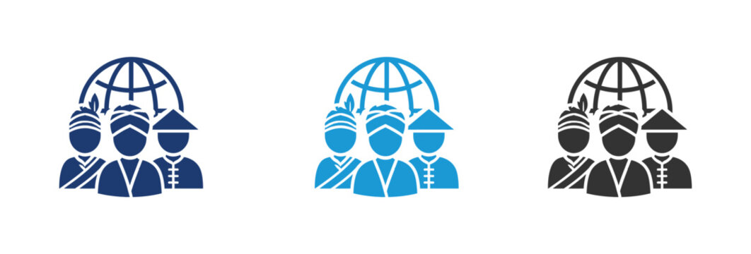 Set of vector icons depicting diverse people in traditional attire standing in front of a globe representing global unity and multiculturalism