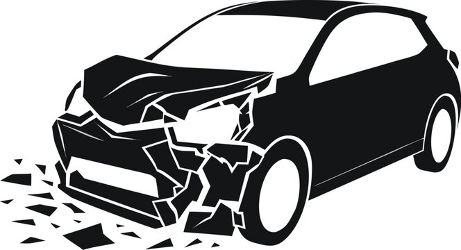 Damaged car, crashed vehicle, broken windshield, smashed bumper, black silhouette
