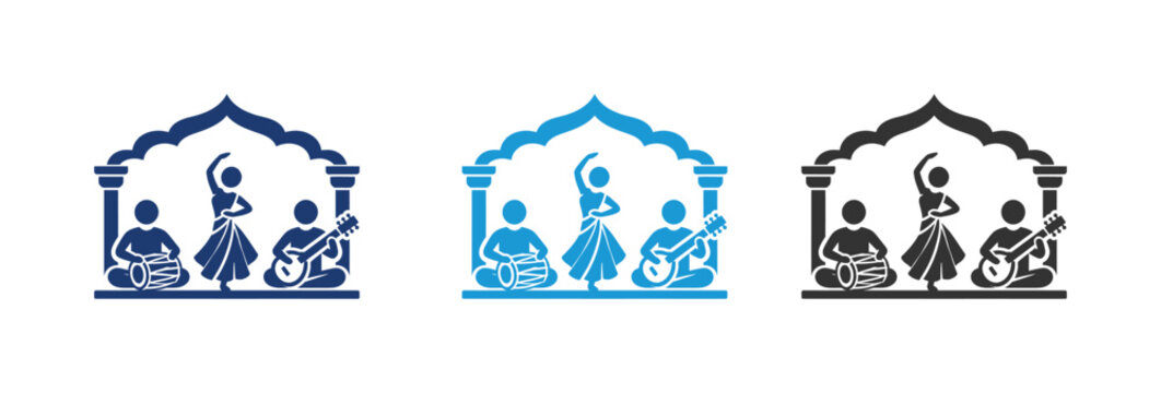 Set of three stylized vector icons depicting traditional Indian classical dance and music performers with a dancer and musicians playing sitar and tabla under an arch