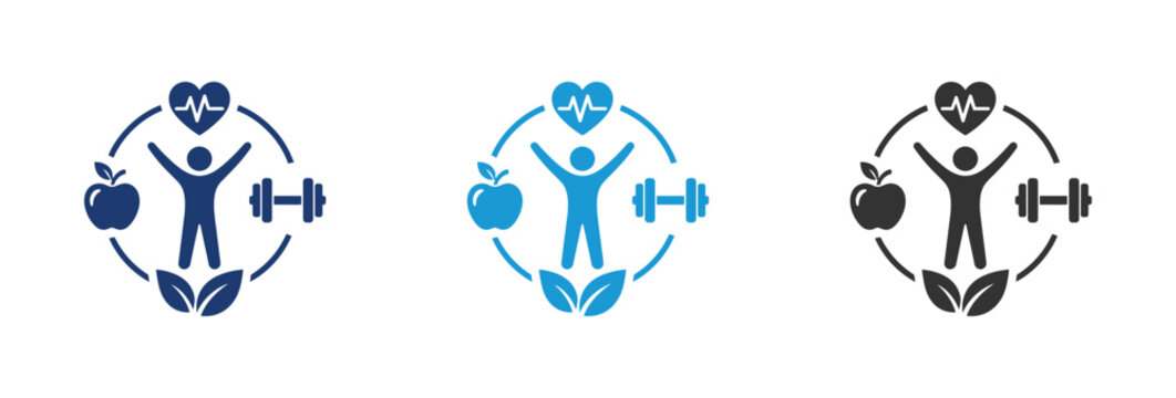 A set of three vector icons representing healthy lifestyle wellness fitness nutrition and heart health with a person apple dumbbell heart and leaves