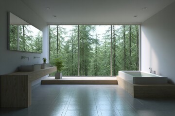 Fototapeta premium Modern bathroom interior features floor to ceiling window overlooking dense forest scenery